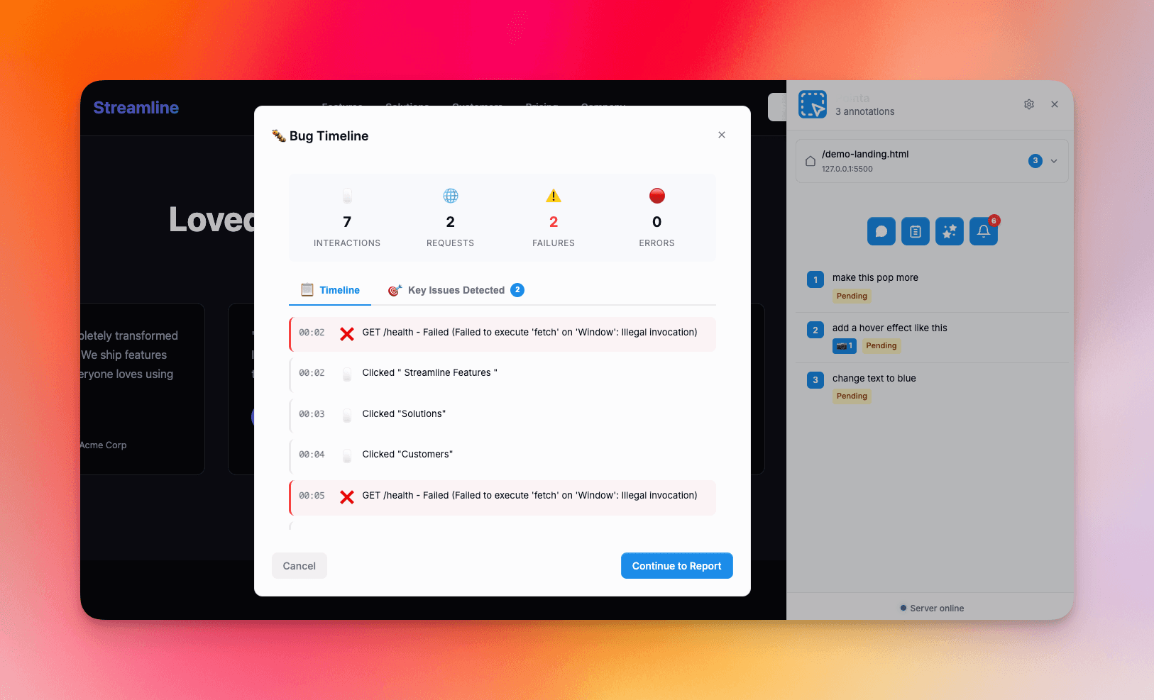Bug report screen showing timeline and context